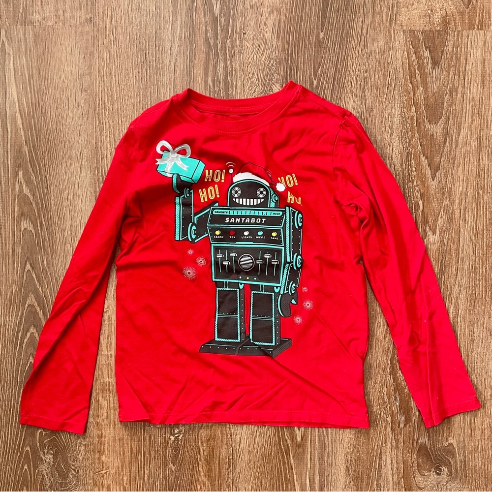 Cat & Jack Festive Red Robot Santabot Christmas Long Sleeve Shirt Medium 8/10